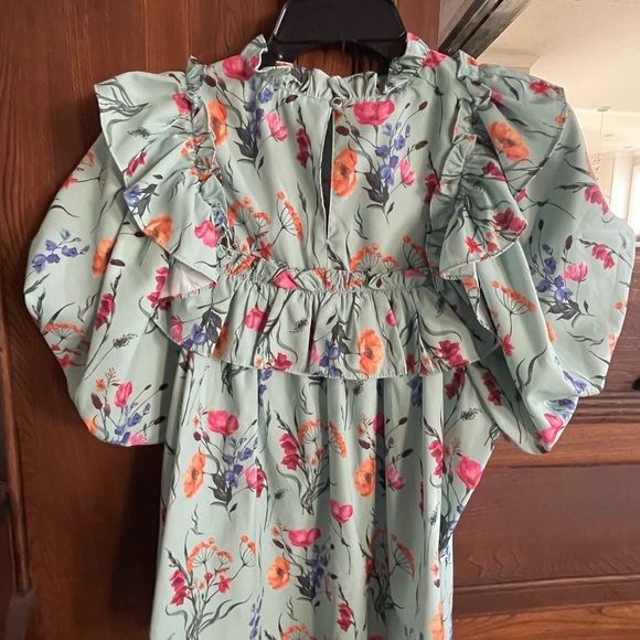 Floral Ruffle Dress in Mint with Pink & Orange Flowers - Picture 2 of 4